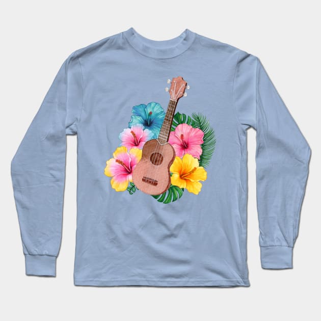 Watercolor Ukulele Hibiscus Long Sleeve T-Shirt by soulfulprintss8